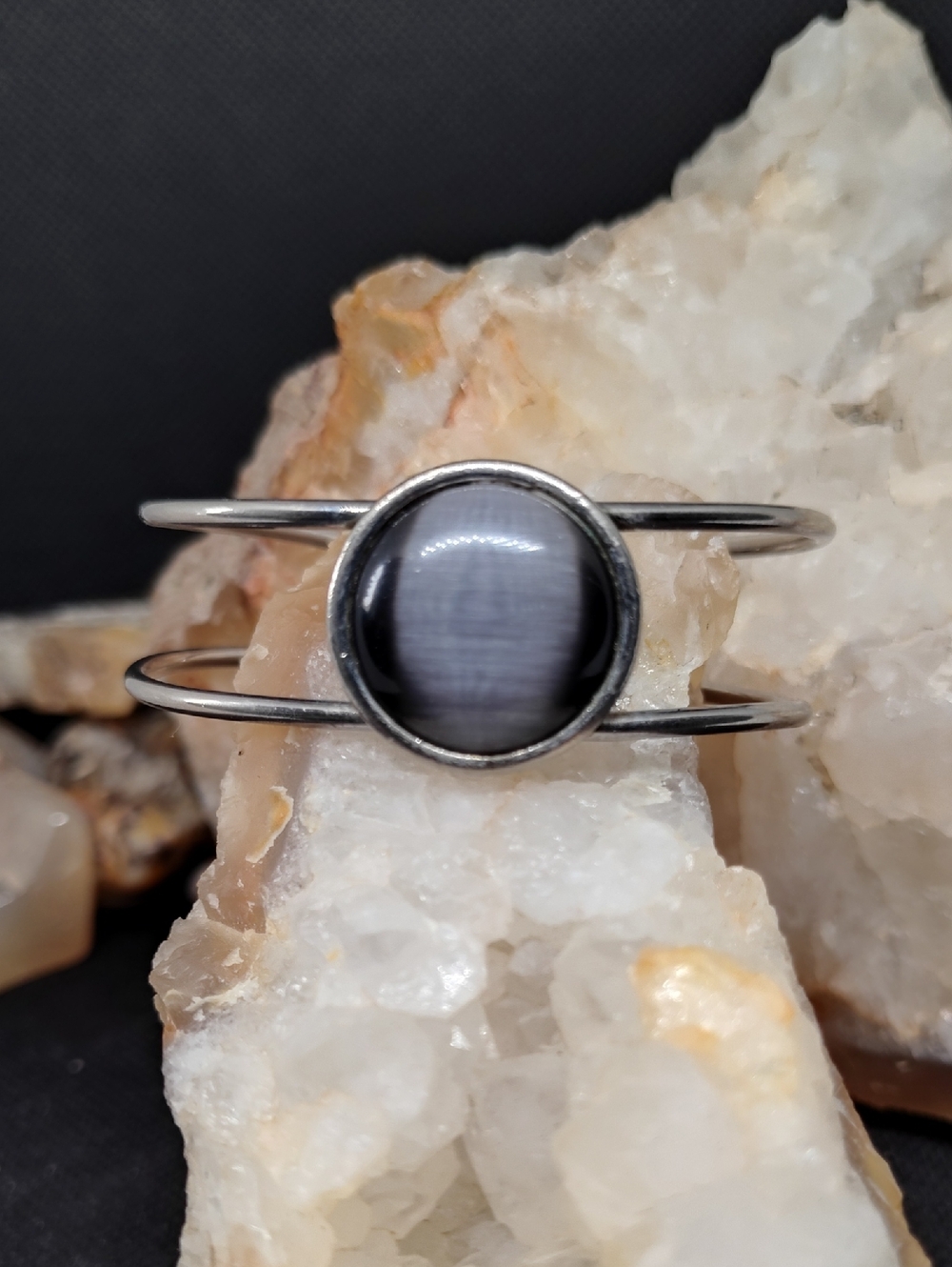 Silver Tone Black Cat's Eye Moon Glow Cabachon Cuff Bracelet